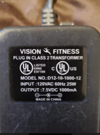 NEW VISION FITNESS D12-10-1000-12 7.5V DC 1000mA 5.5/2.1mm AC Adapter